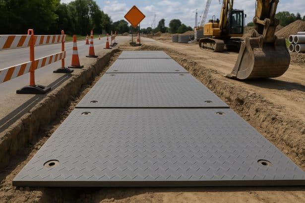 Steel road plates covering a construction site trench for safe vehicle and equipment passage