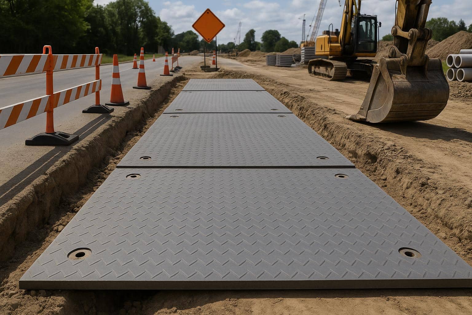 Steel road plates covering a construction site trench for safe vehicle and equipment passage