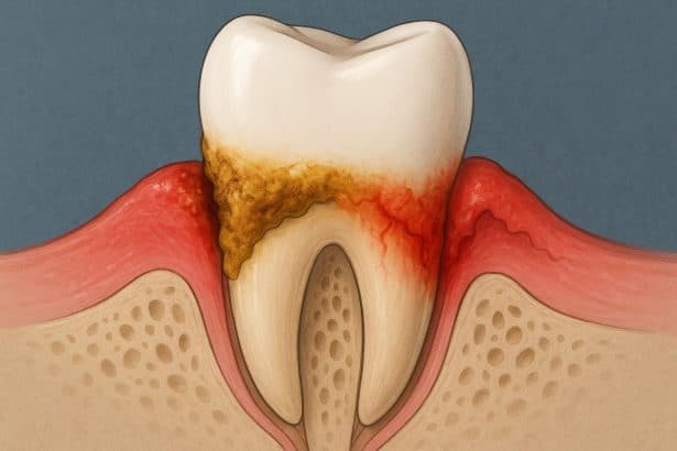 Dental tartar buildup on teeth along gumline illustrating risk of gum disease and oral health issues
