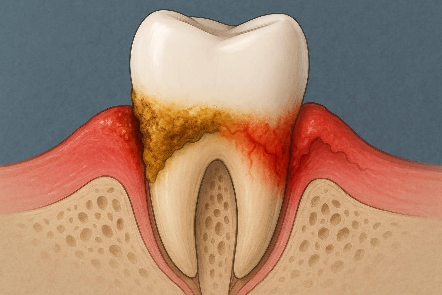 Dental tartar buildup on teeth along gumline illustrating risk of gum disease and oral health issues