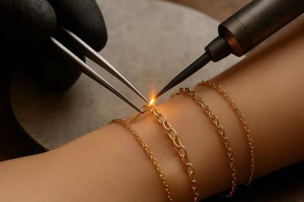Close-up of delicate gold chain being welded for permanent jewelry on a wrist