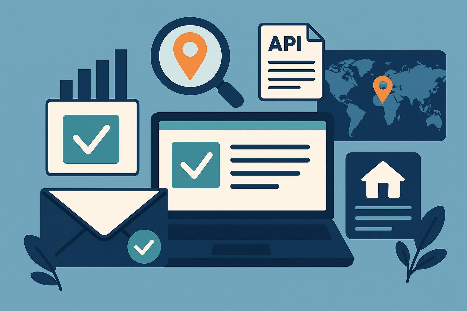 Address verification software dashboard with accuracy metrics and global map highlighting coverage areas