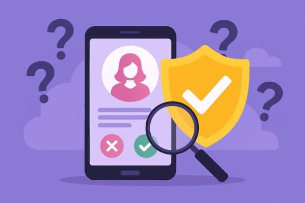 Magnifying glass examining a dating app profile for online verification and safety checks