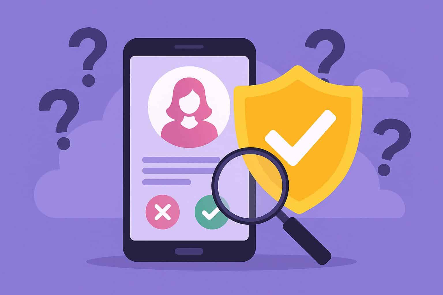 Magnifying glass examining a dating app profile for online verification and safety checks