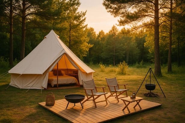 Luxury tent setup in scenic nature, highlighting the growing popularity of glamping experiences