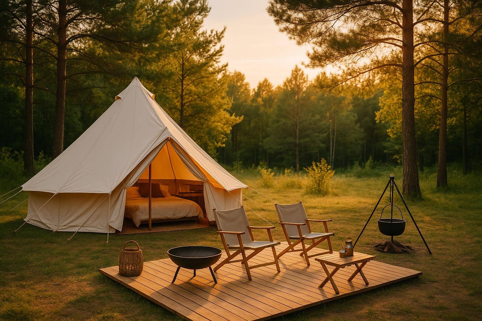 Luxury tent setup in scenic nature, highlighting the growing popularity of glamping experiences