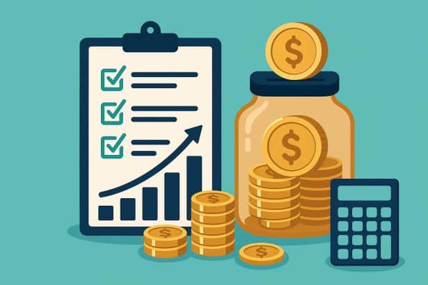 Piggy bank, coins, and financial charts symbolizing strategic savings and goal planning steps