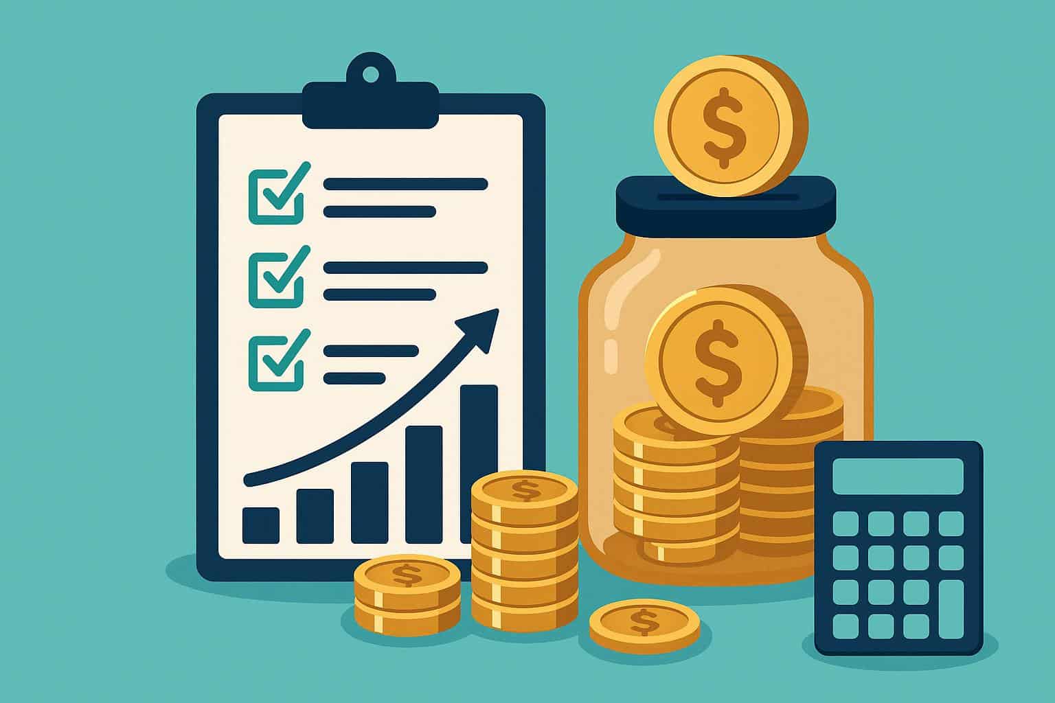 Piggy bank, coins, and financial charts symbolizing strategic savings and goal planning steps