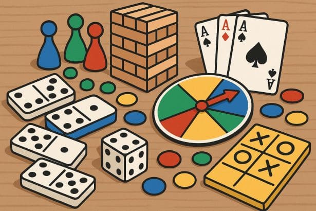 Colorful board games, cards, and party game accessories arranged on a table for a family gathering