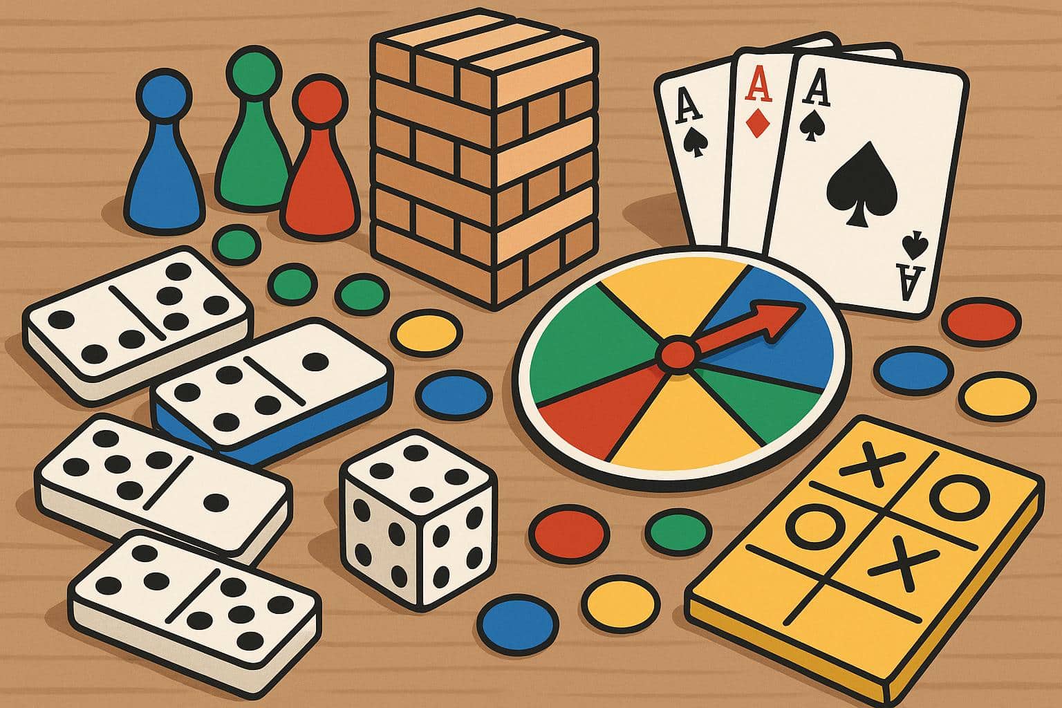 Colorful board games, cards, and party game accessories arranged on a table for a family gathering