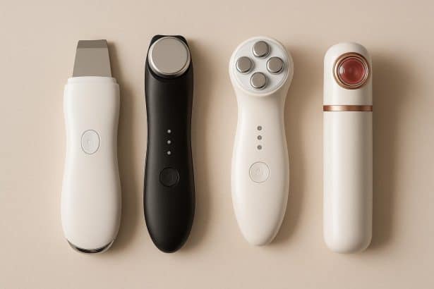 Assorted handheld skincare devices for anti-aging, displayed on a clean bathroom countertop