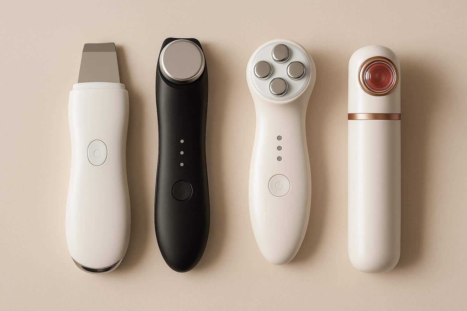 Assorted handheld skincare devices for anti-aging, displayed on a clean bathroom countertop