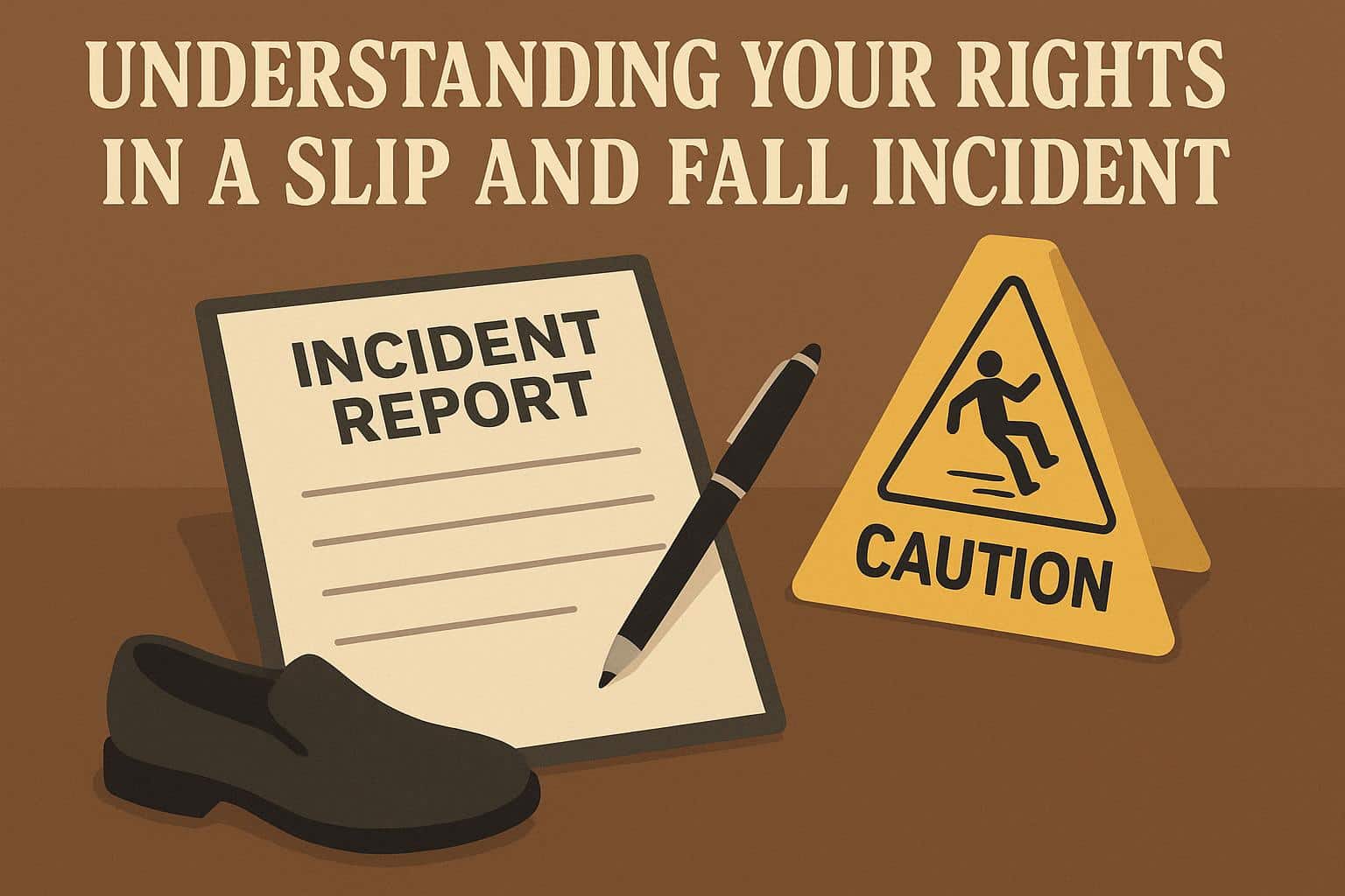 Wet floor caution sign on tiled hallway illustrating slip and fall accident liability rights