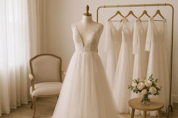 Elegant bridal gowns displayed in a boutique, showcasing wedding dress shopping options