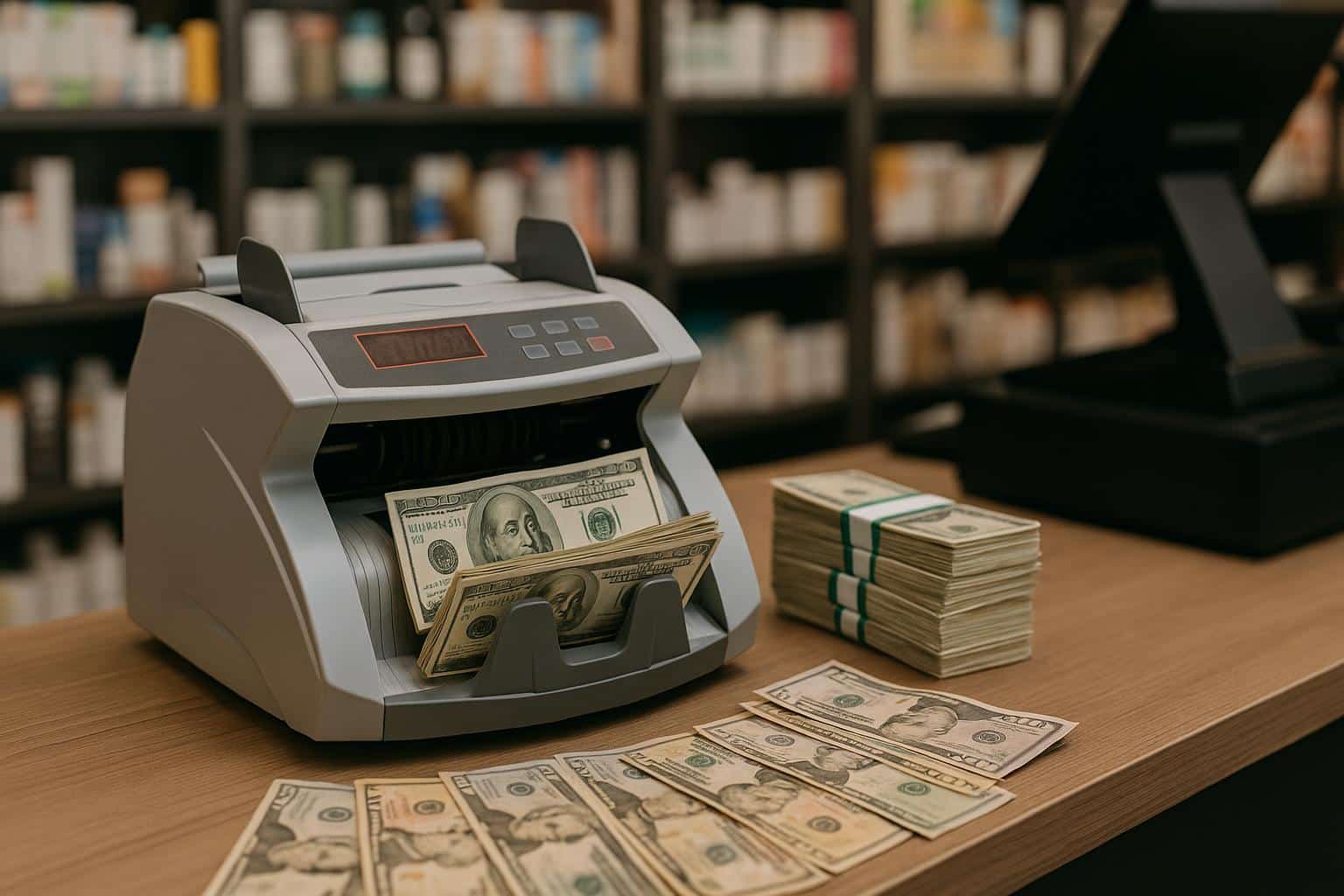 Electronic cash counting machine sorting banknotes in a modern retail store environment