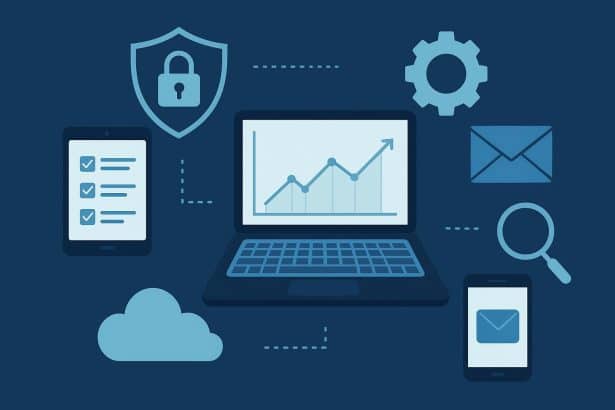 Laptop displaying cybersecurity dashboard and productivity apps for modern business efficiency