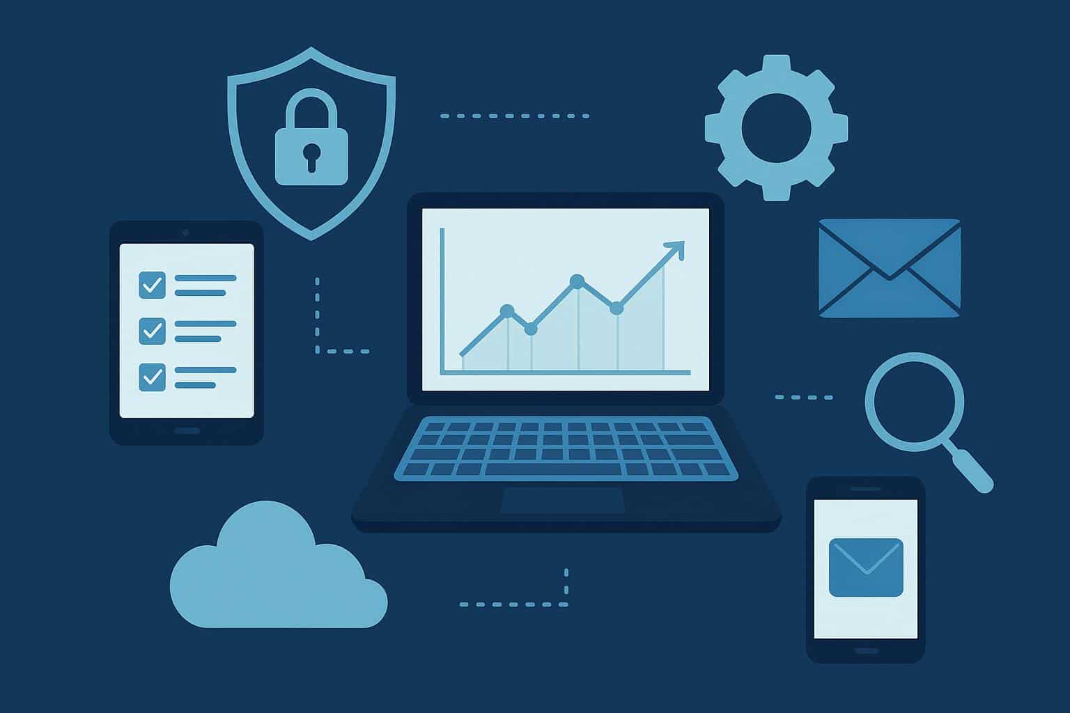 Laptop displaying cybersecurity dashboard and productivity apps for modern business efficiency