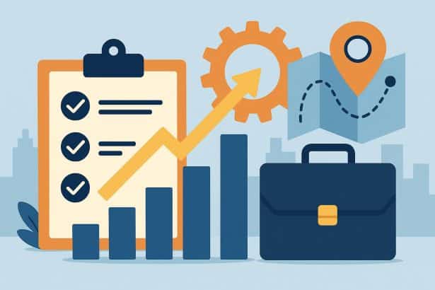 Business expansion concept with growth chart, strategy icons, and streamlined workflow elements