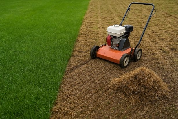 Patchy lawn with thick thatch layer and healthy green grass showing lawn restoration results