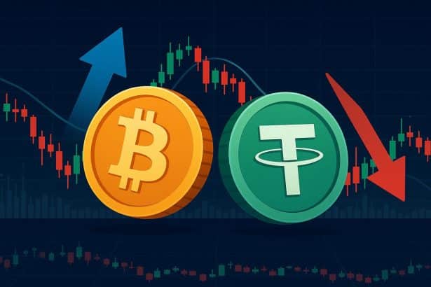 Bitcoin and Tether stablecoin logos with financial charts illustrating crypto market volatility