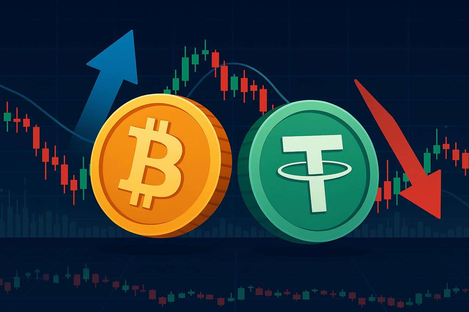 Bitcoin and Tether stablecoin logos with financial charts illustrating crypto market volatility