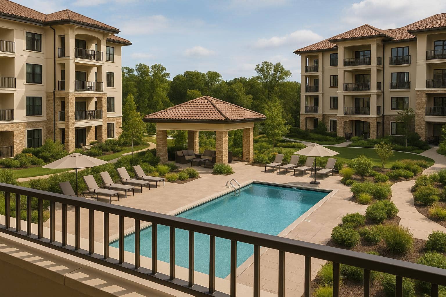 Elegant luxury CCRC community grounds with modern residences and amenities for senior living