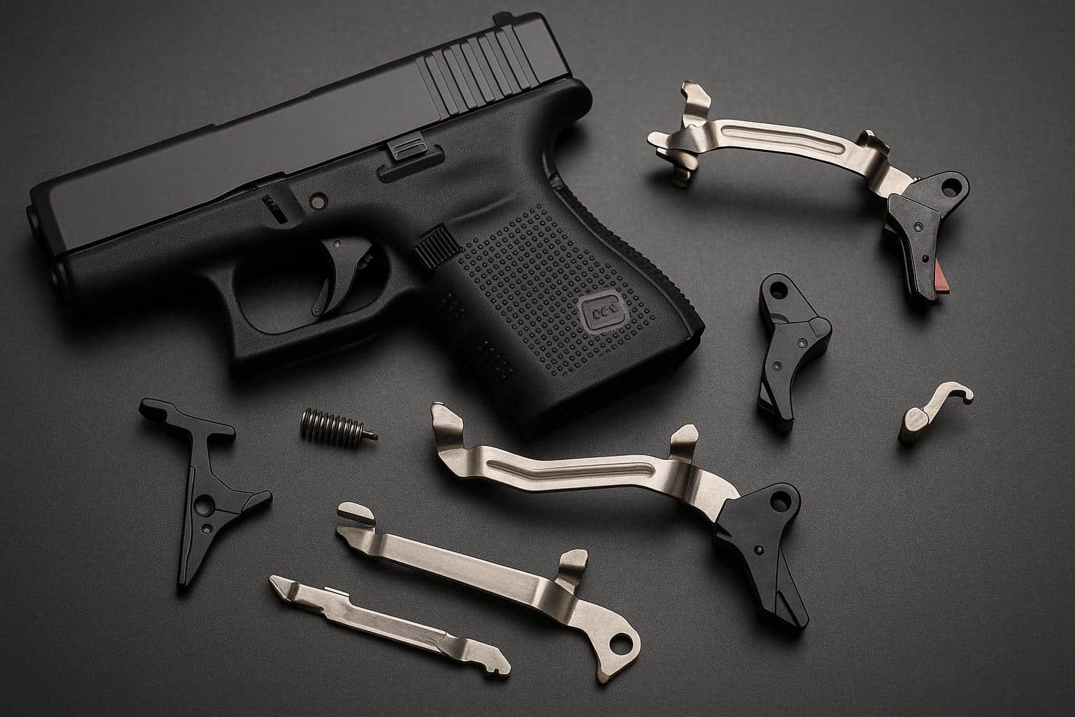 Close-up of Glock trigger assembly showing aftermarket parts affecting internal mechanics