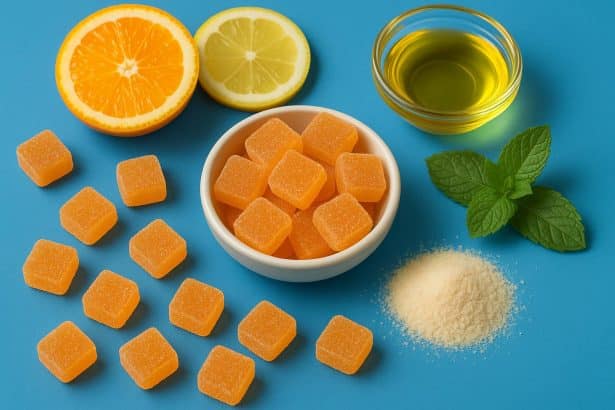 Colorful infused chewable gummies on a tray, highlighting enhanced flavor and absorption methods