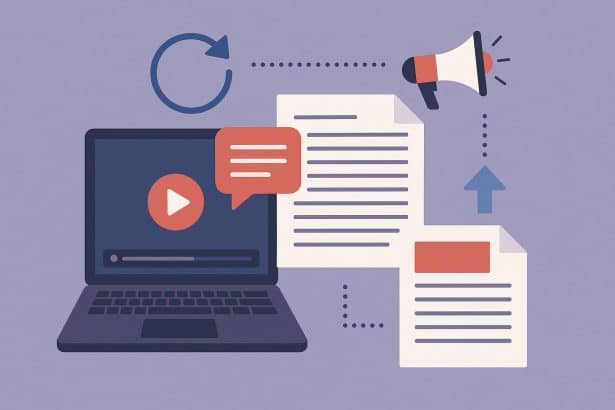 Laptop displaying video transcription software for efficient content repurposing by creators
