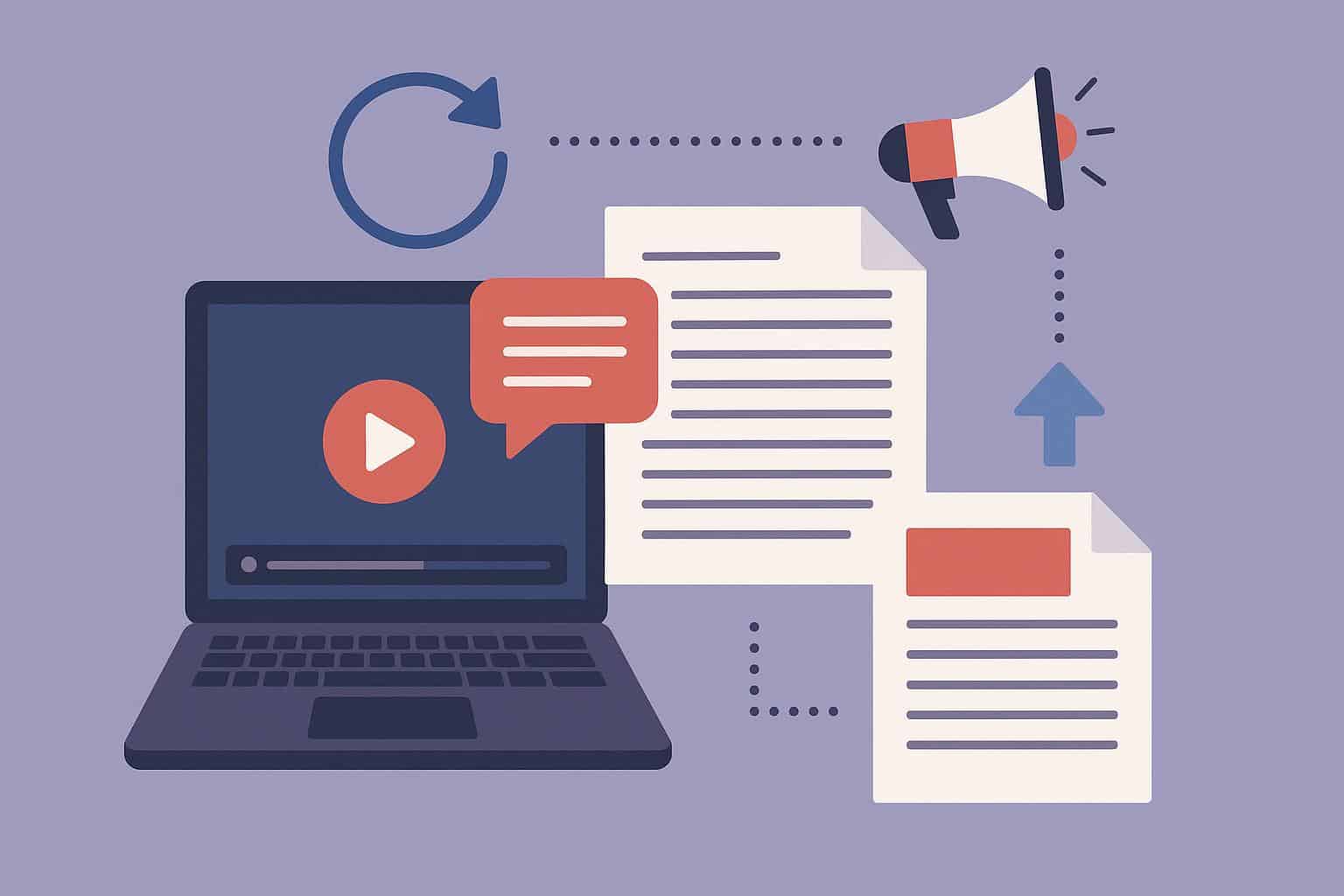 Laptop displaying video transcription software for efficient content repurposing by creators