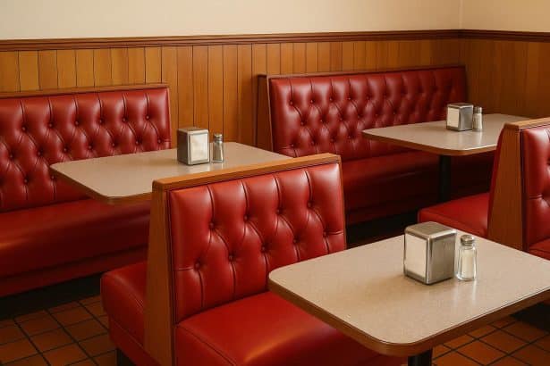 Retro-style restaurant booths lined with plush seating in a cozy, inviting dining area