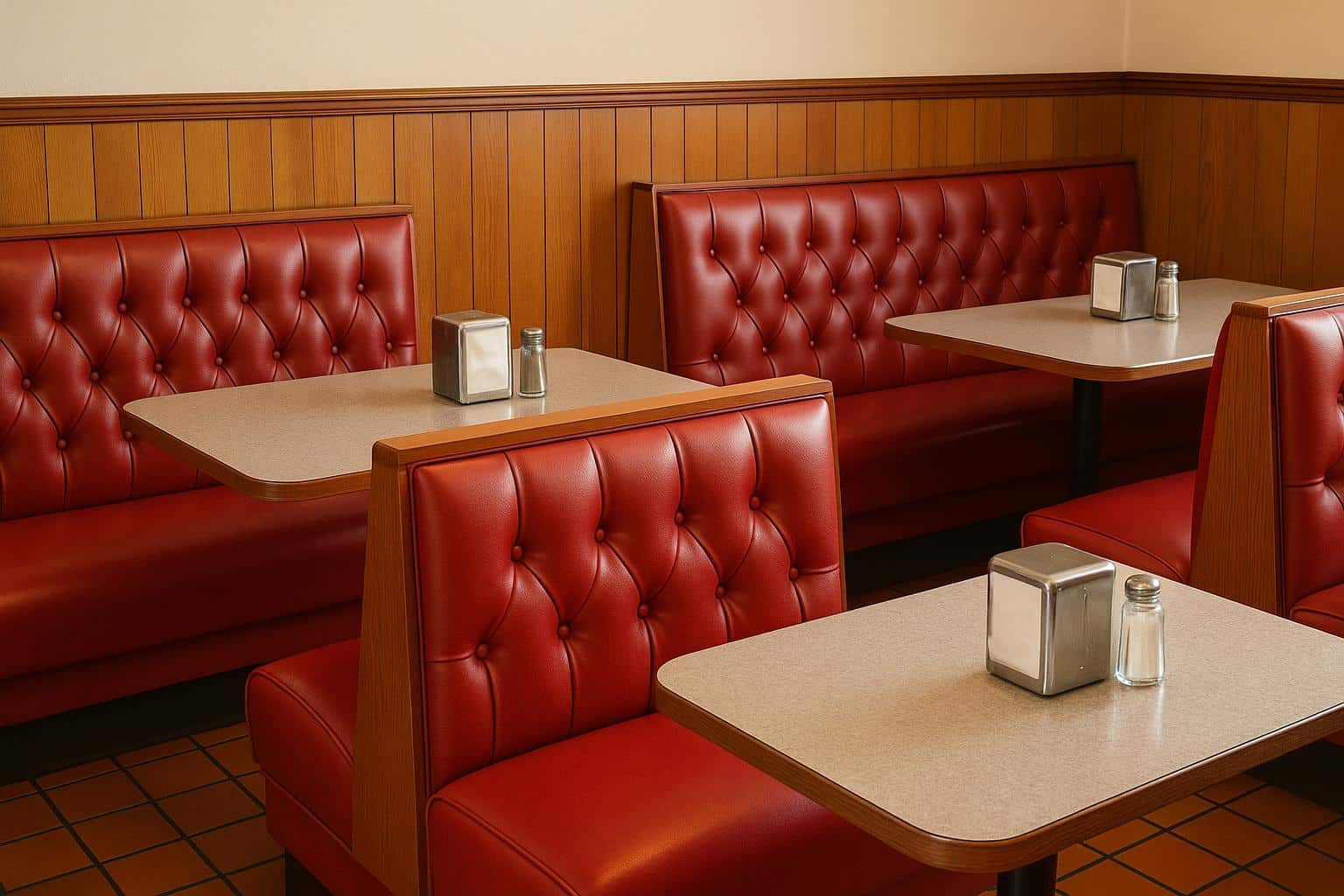 Retro-style restaurant booths lined with plush seating in a cozy, inviting dining area