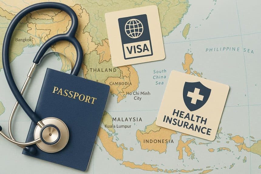 Visa and health insurance documents for expats traveling to Southeast Asia displayed on a desk