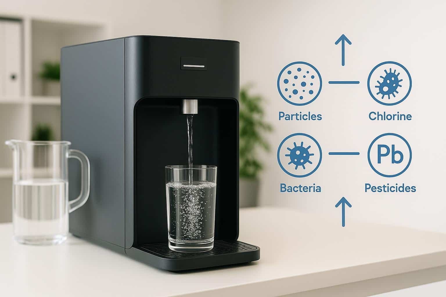 Filtered water dispenser in modern office setting highlighting clean, contaminant-free drinking water