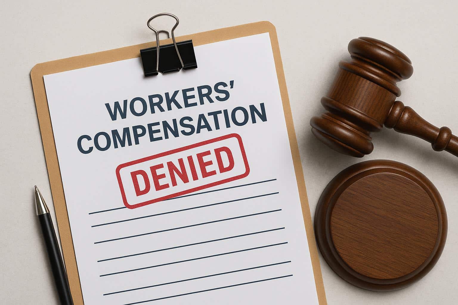 Workers' compensation claim denial notice with paperwork and stamped rejection for benefits information