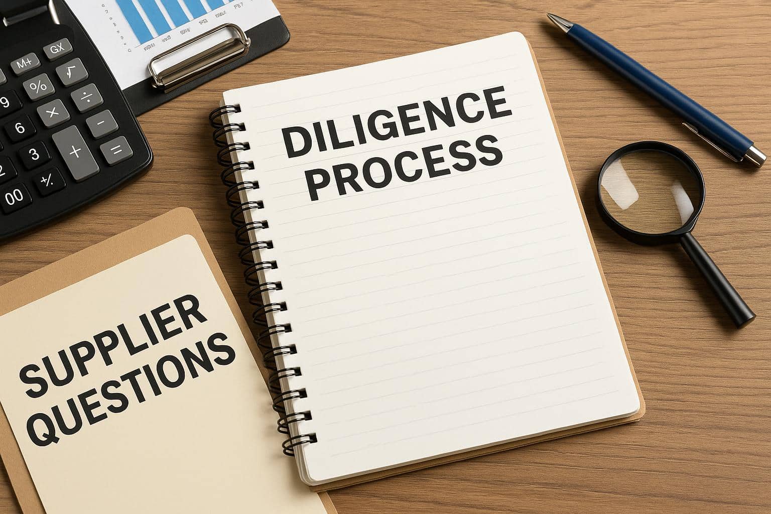 Corporate buyers reviewing supplier FEOC diligence questions and financial documents before payment
