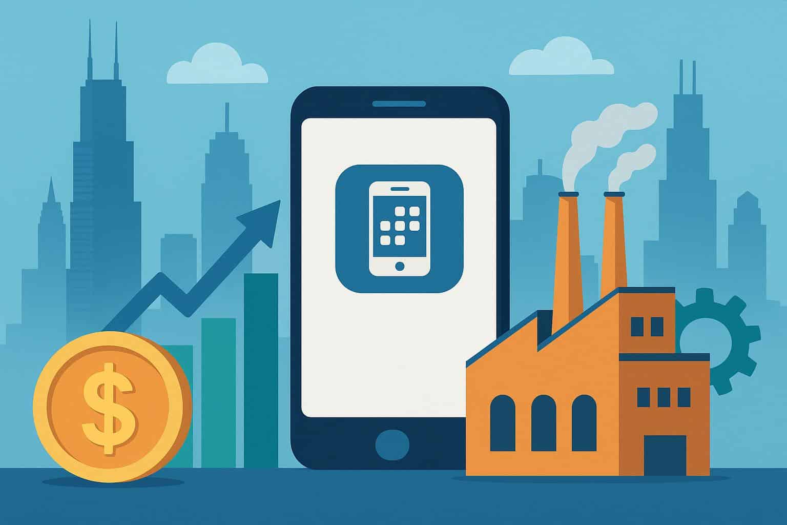 Chicago skyline with financial and manufacturing icons highlighting investment in app development