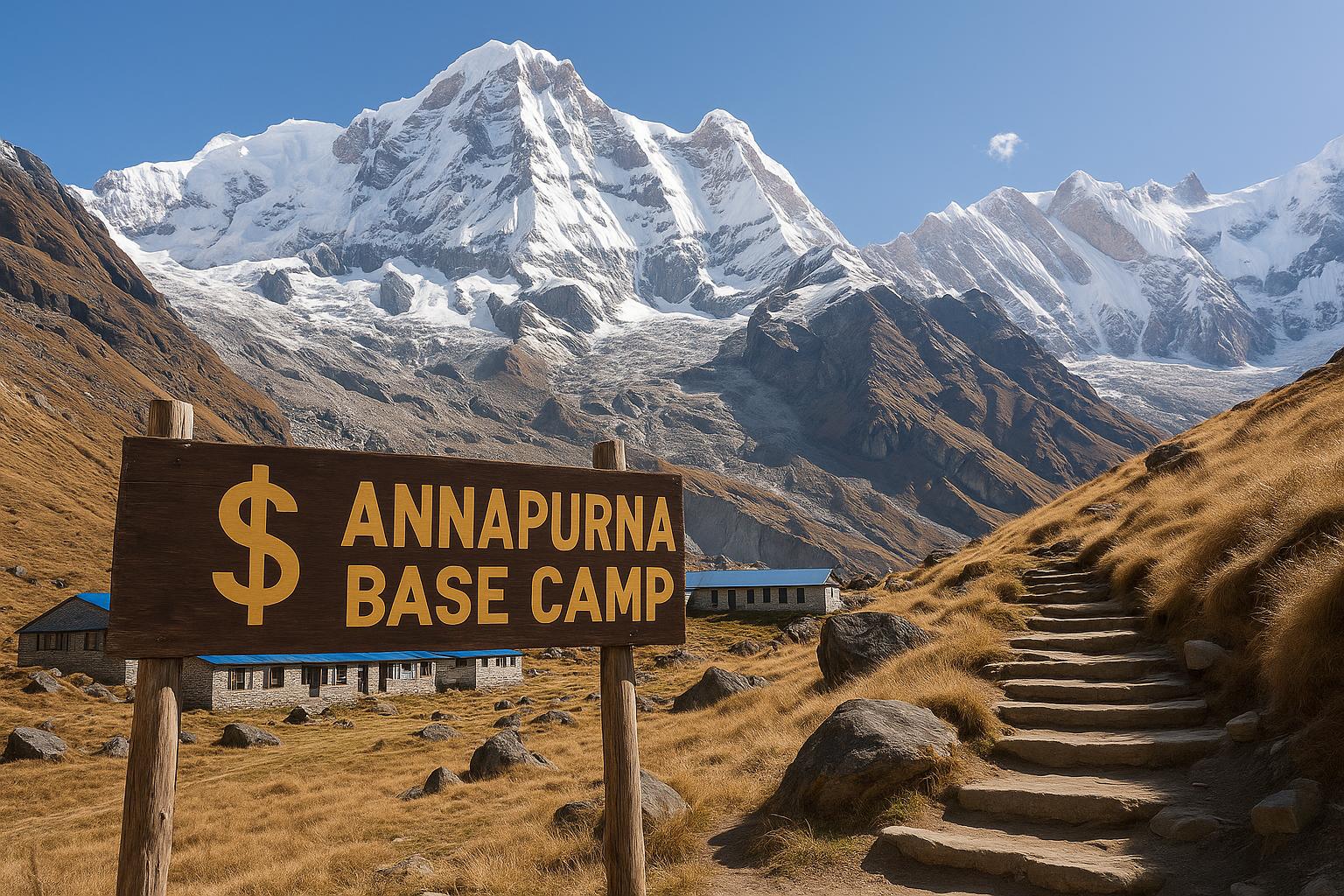Annapurna Base Camp trek route with mountain scenery and trekking gear for budget planning