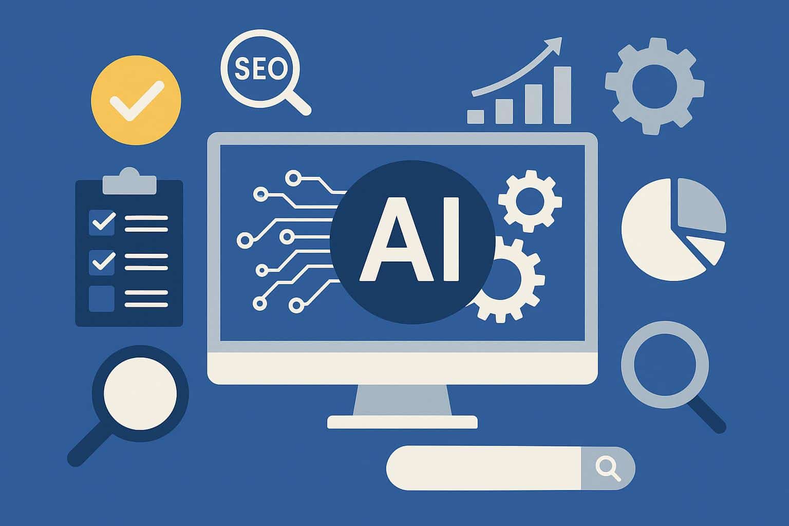 Modern AI technology icons with SEO-related symbols illustrating AI SEO company qualities