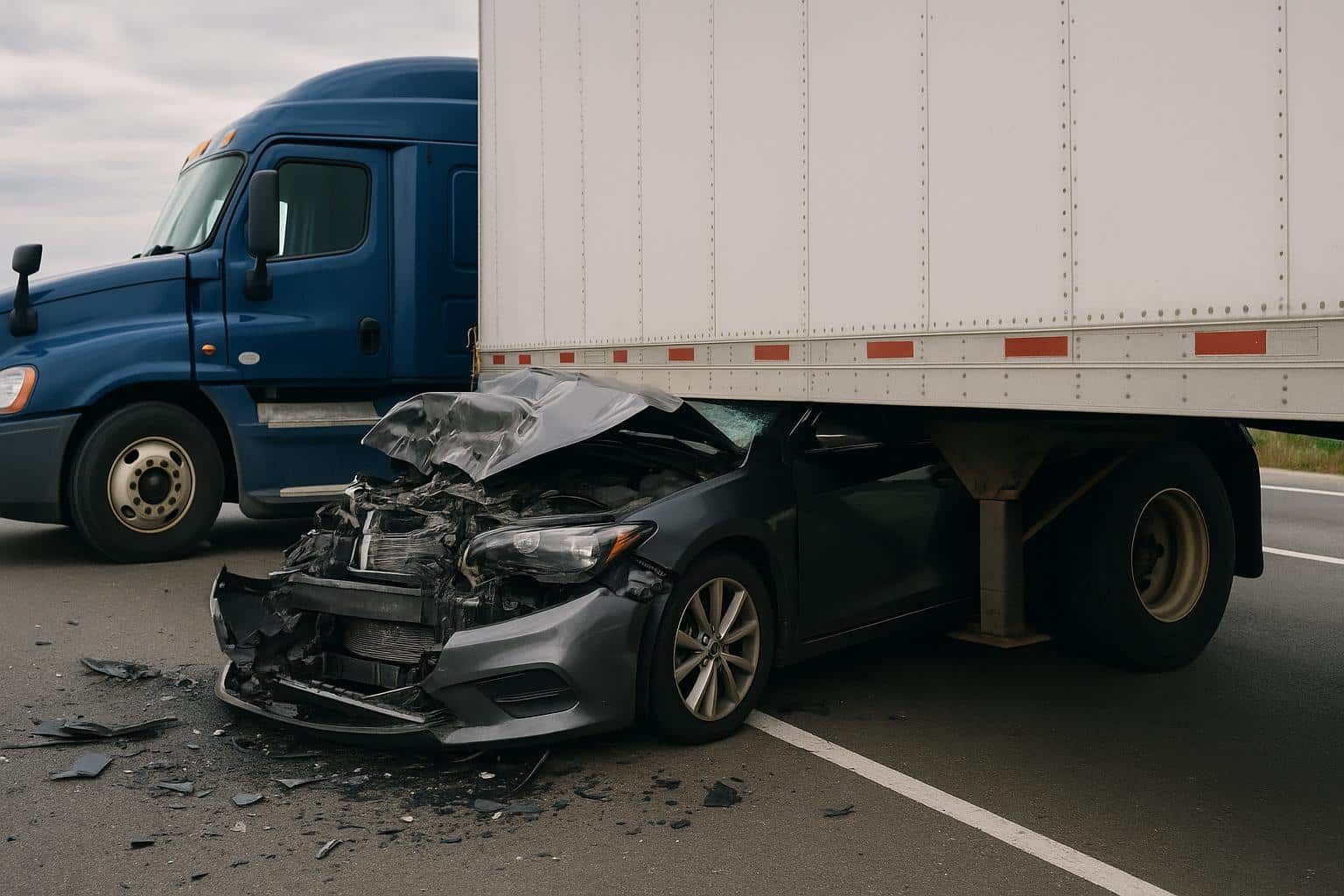 Semi-truck collision on highway illustrating concepts of liability in truck accidents
