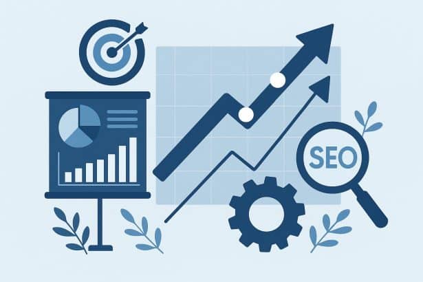 Digital marketing strategy with SEO analytics and growth charts driving business success