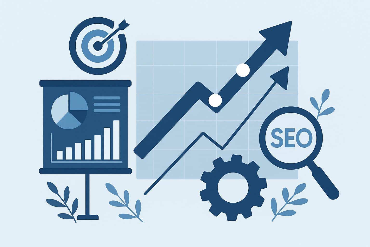Digital marketing strategy with SEO analytics and growth charts driving business success
