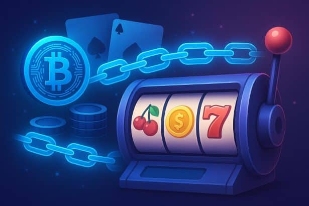 Blockchain technology and digital slot reels illustrating provably fair gaming in online casinos