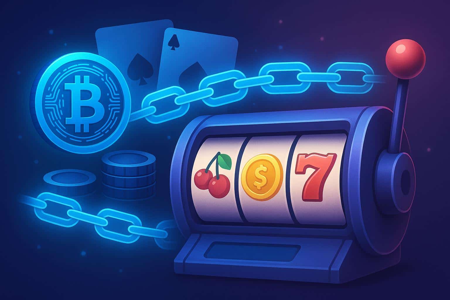 Blockchain technology and digital slot reels illustrating provably fair gaming in online casinos