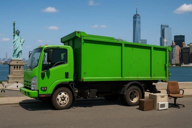 Pile of household junk being loaded into a truck by a junk removal service in New York City