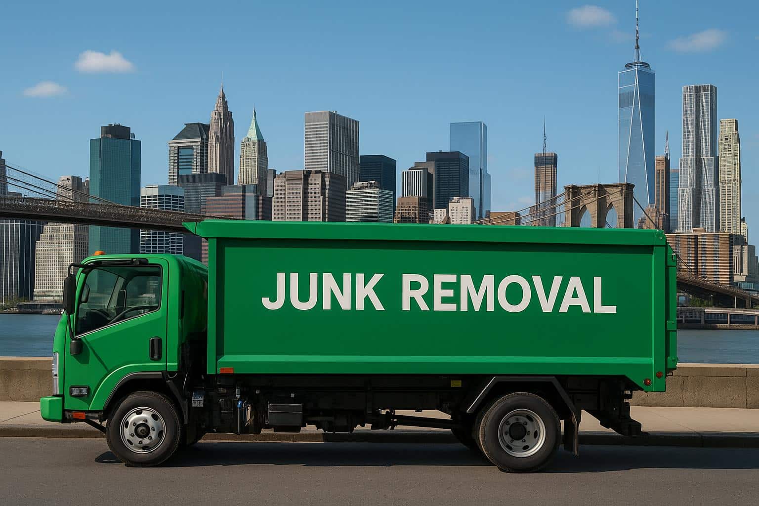 Junk removal truck loading discarded furniture in a New York City residential neighborhood