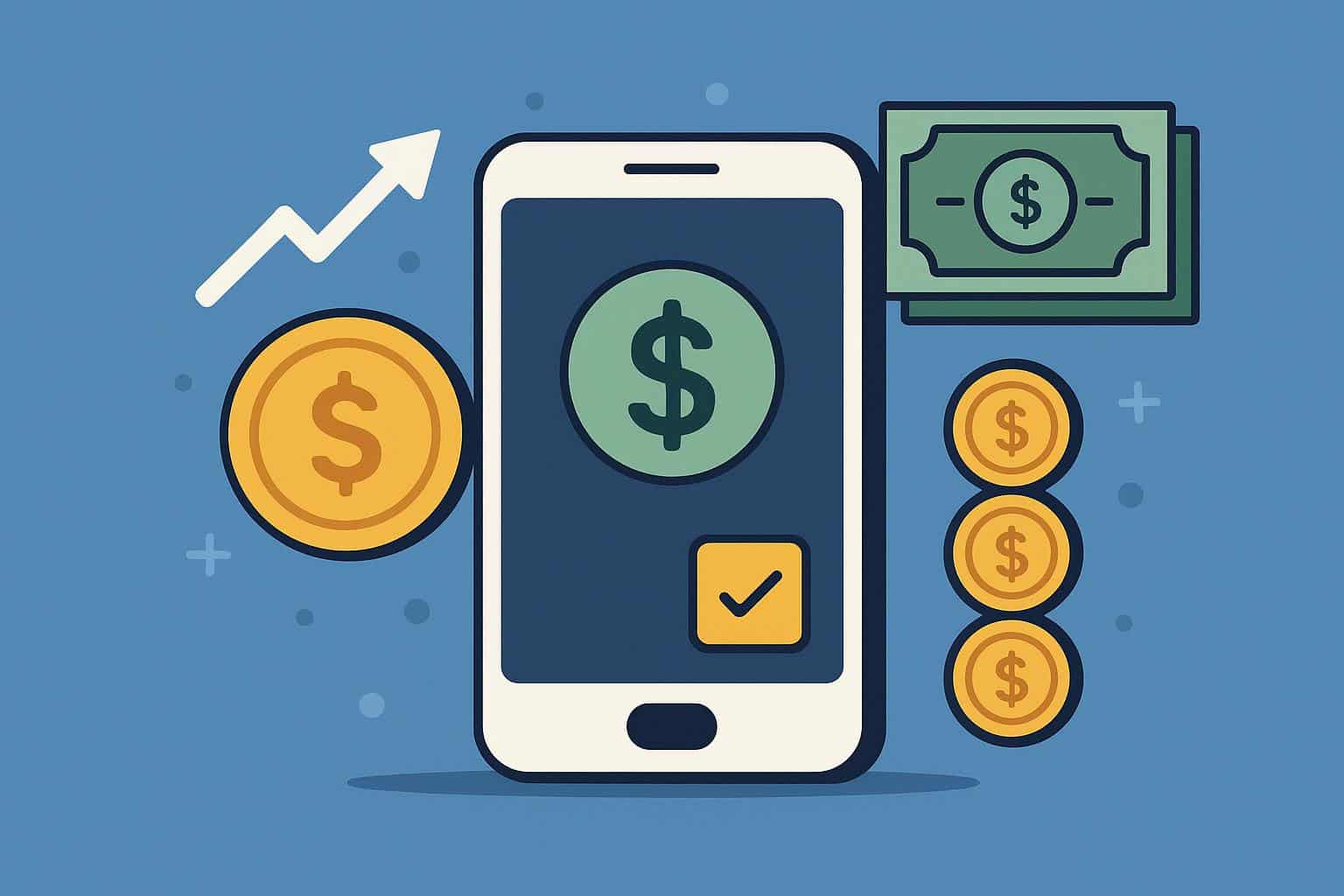 Smartphone displaying top money-making app icons, earning notifications, and digital wallets.