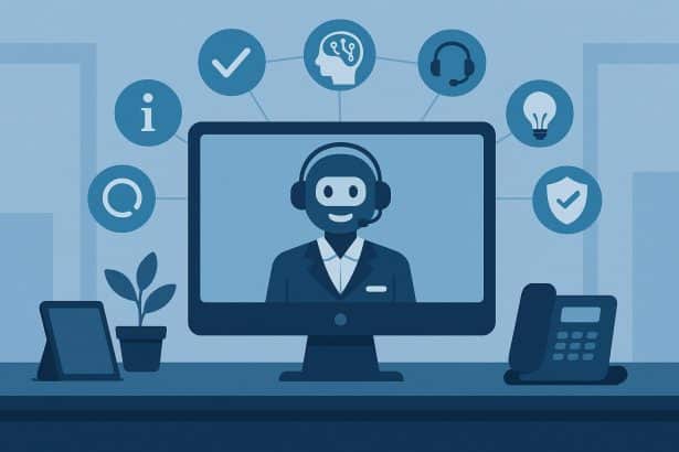 AI-powered virtual receptionist interface with business icons and digital communication elements