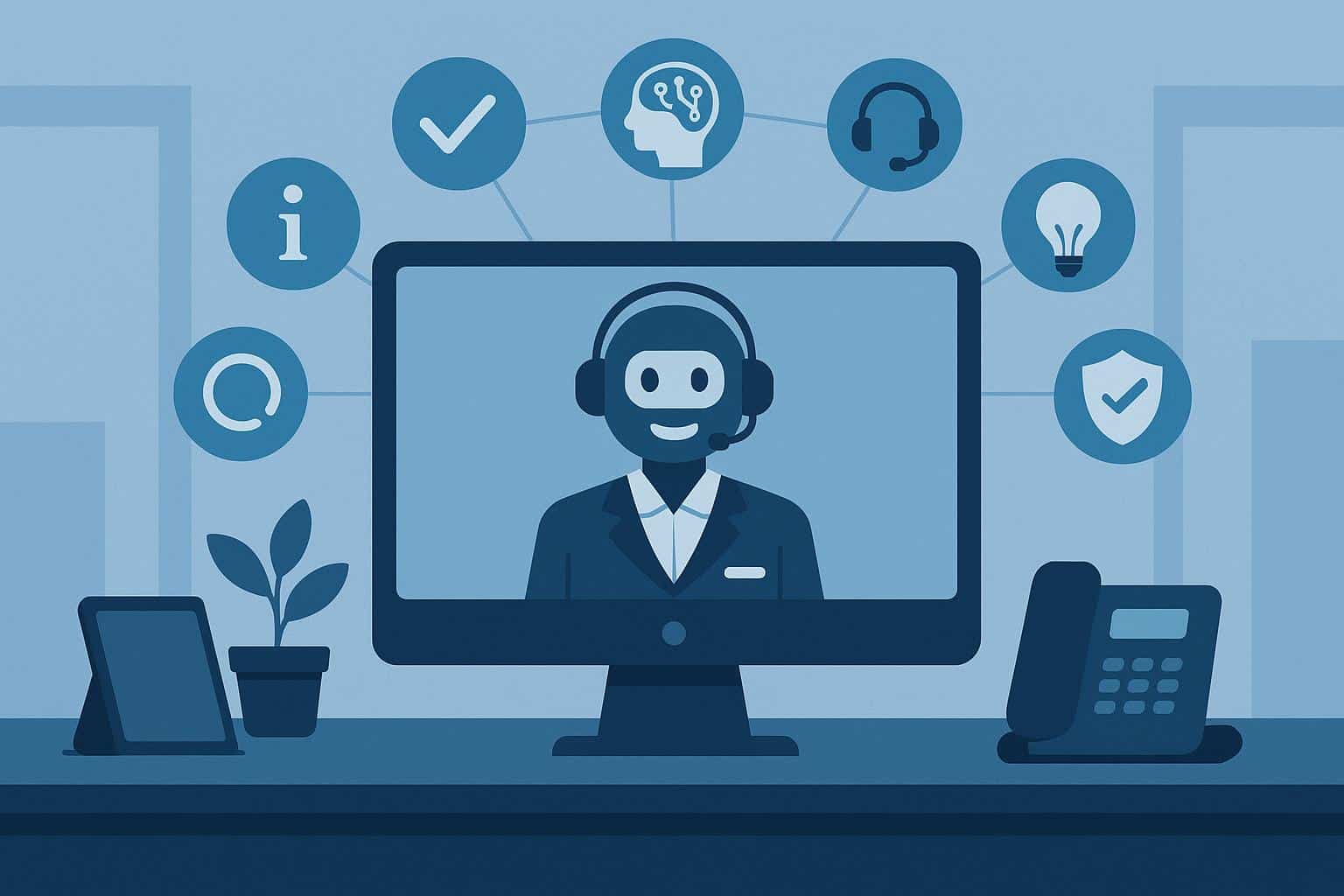 AI-powered virtual receptionist interface with business icons and digital communication elements