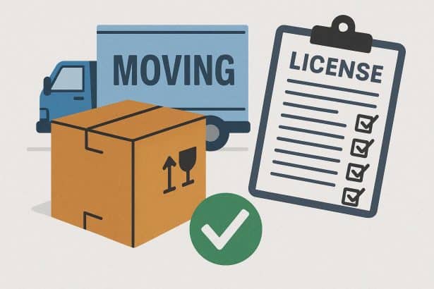 Moving company truck parked outside a house with visible license information on the vehicle.
